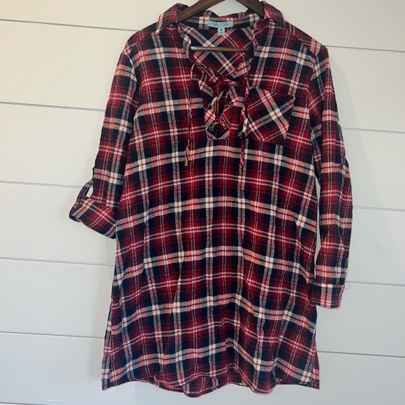 She + Sky Women’s Red & Navy Plaid Mini Dress Medium Long Sleeve - Picture 1 of 6